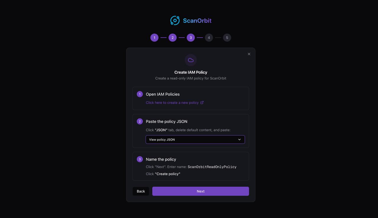 ScanOrbit add new account wizard showing IAM policy creation steps