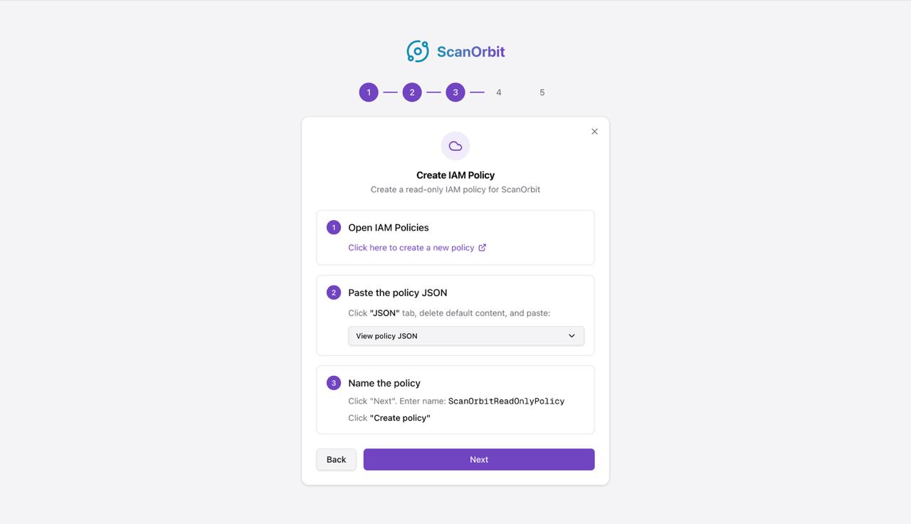 ScanOrbit add new account wizard showing IAM policy creation steps